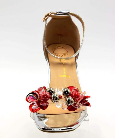 Schuhe Sandaletten silber Blumen Frontansicht 2