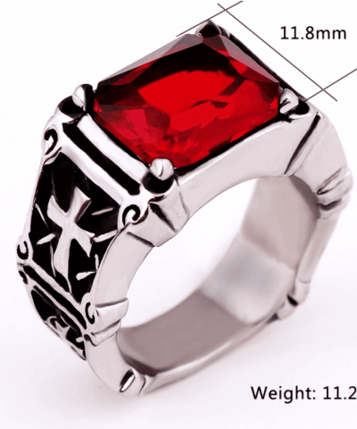 Ring in schwarz-silberfarben Edelstahl mit rotem Glasstein Abmessungen 6