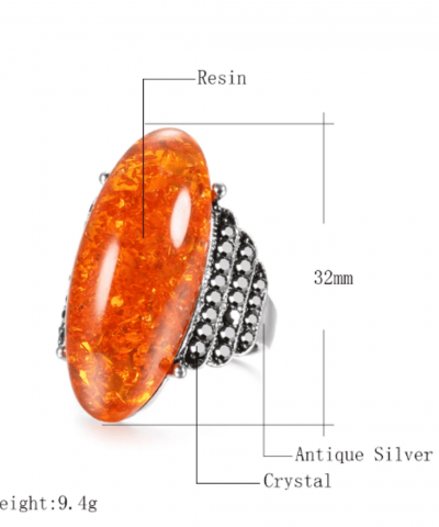Ring silberfarben mit orangefarbenen ovalen Stein Abmessungen 3