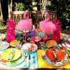 Geschirr Teller Set Tropical mit Flamingos und Gläser.
