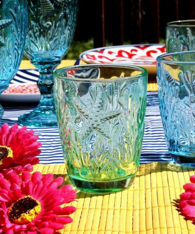 Geschirr Glas Wasserglas Maritim blau 3 Seepferd und Seestern